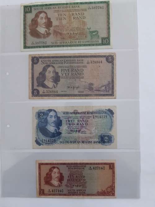 TW de Jongh Set of R1, R2, R5 and R10 South African Banknotes